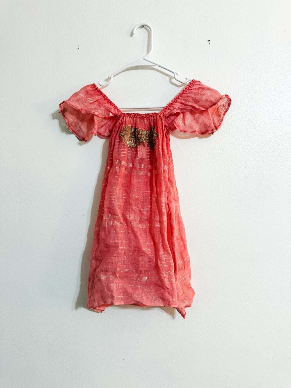 Vanita Rosa Paris St. Barth Pink Metallic Linen Off-Shoulder Top with Dentelle d
